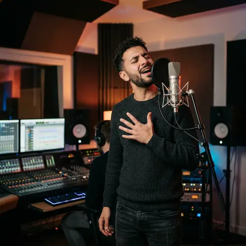 Passionate Middle-Eastern Singer in Modern Studio