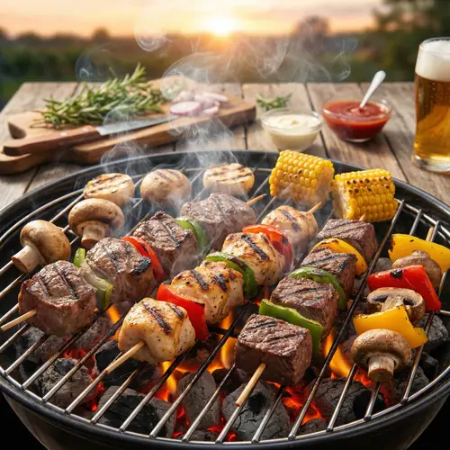 Delicious Kebab on the Grill with Fresh Vegetables