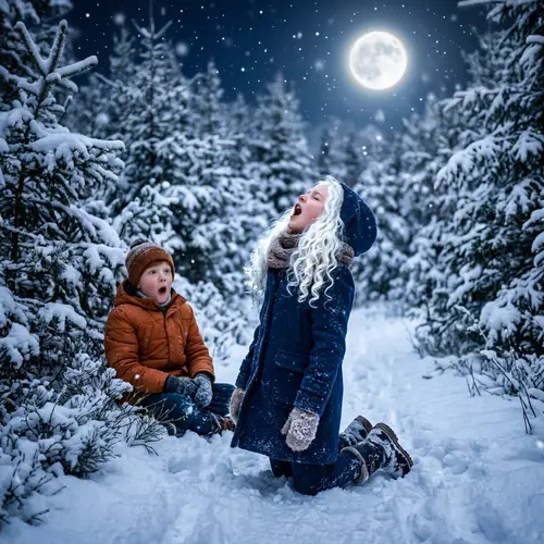 Mystical Winter Scene: Girl Howling at the Moon in Enchanted Forest