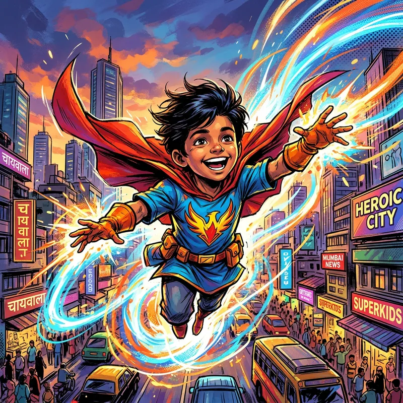 Young South Asian Superhero in Mid-Flight Young South Asian Superhero in Mid-Flight