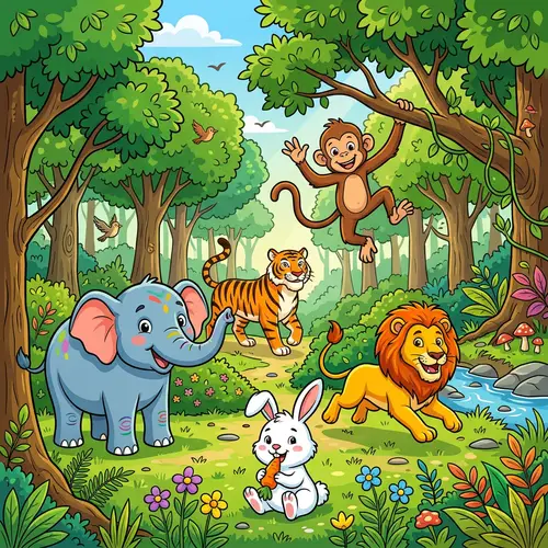 Vibrant Cartoon Forest with Adorable Animals