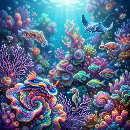 Whimsical Underwater Scene with Colorful Coral Reefs and Exotic Sea Creatures