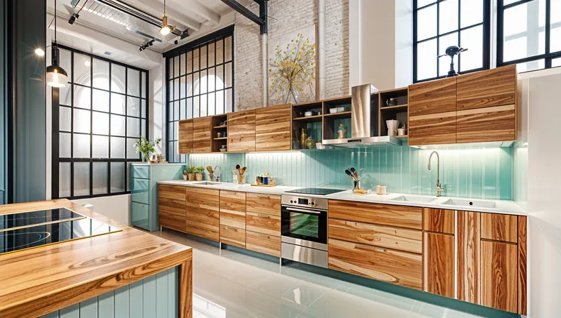 Industrial Kitchen with Mint Accents and Wood Cabinets Industrial Kitchen with Mint Accents and Wood Cabinets