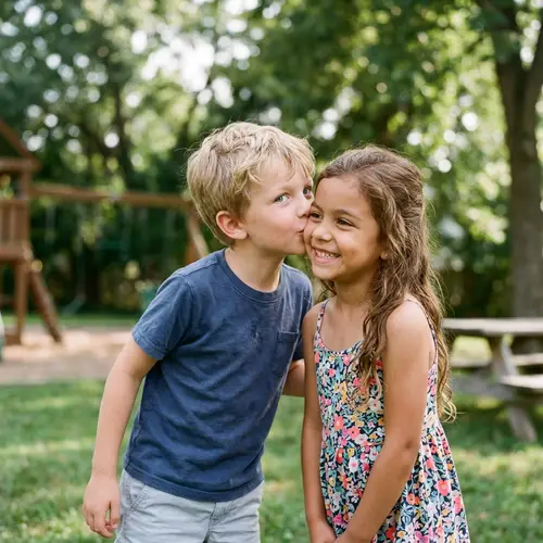 Cute Blonde Boy Kissing Brunette Hispanic Girl