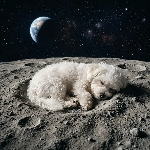 White Fluffy Bichon Dog Sleeping on Moon | Tranquil Night Scene