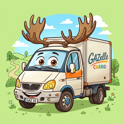Cartoon-Style GAZelle Vehicle with Antlers on Light Green Background
