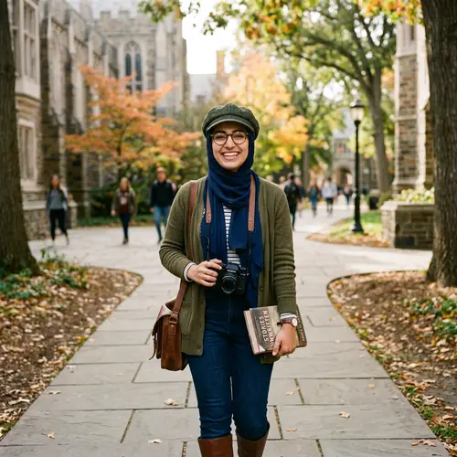 Young Middle-Eastern Woman Strolling with Camera and Book
