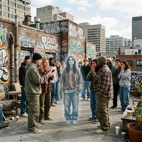 Ethereal Ghost Girl Among Hipster Crowds on Graffiti Rooftop