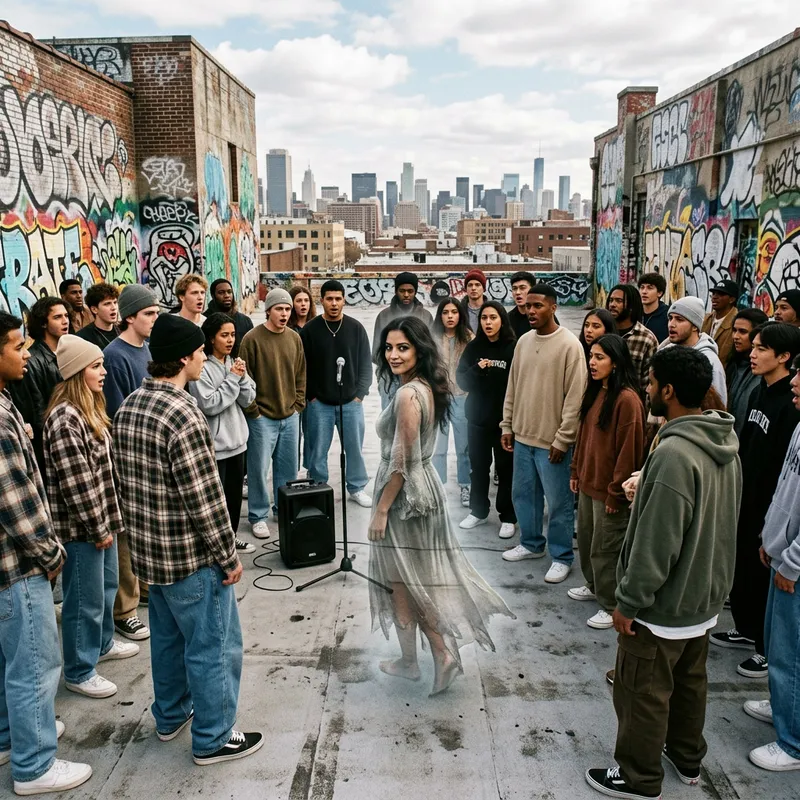 Mysterious Woman Ghost Smiling: Rooftop Hipster Graffiti Scene
