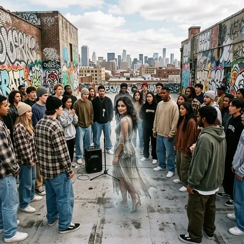 Ethereal Woman Ghost Smiling: Rooftop Graffiti Hipster Fashion