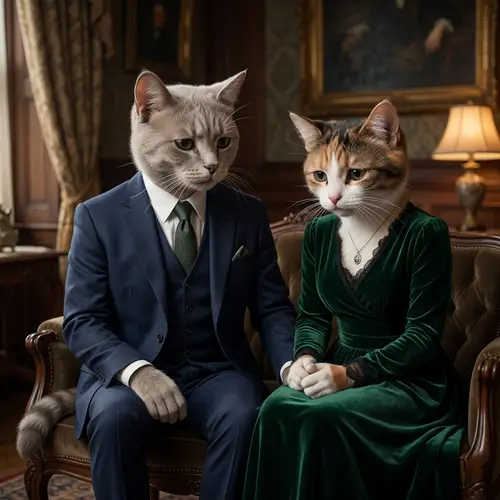 Anthropomorphic Cats in Stylish Outfits: A Sad Moment