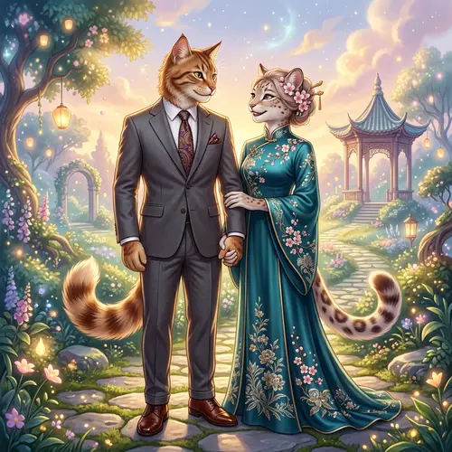 Elegant Feline Humans in Dreamlike Scene