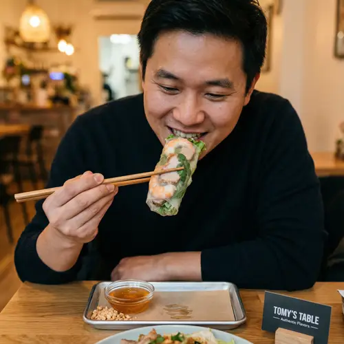 Tomy Enjoying Large Vietnamese Spring Roll: A Delicious Scene