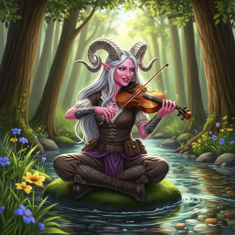 Mischievous Pink Tiefling by a Bubbling Stream