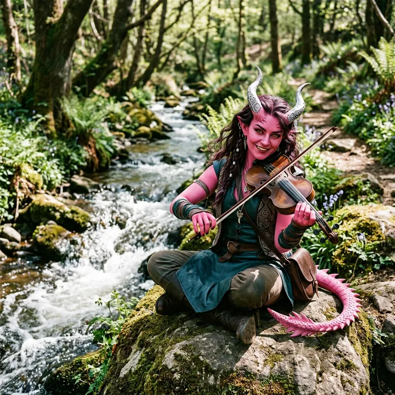 Mischievous Pink Tiefling by a Bubbling Stream