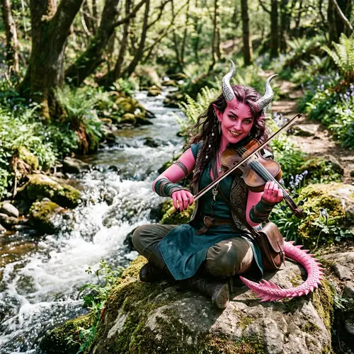Mischievous Pink Tiefling by a Bubbling Stream