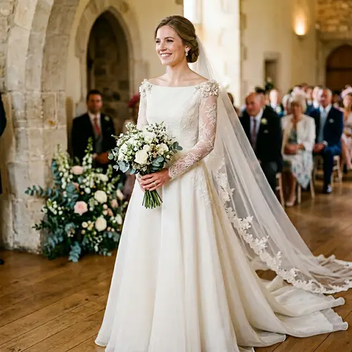 Elegant Boat Neck Wedding Dress with Long Sleeves