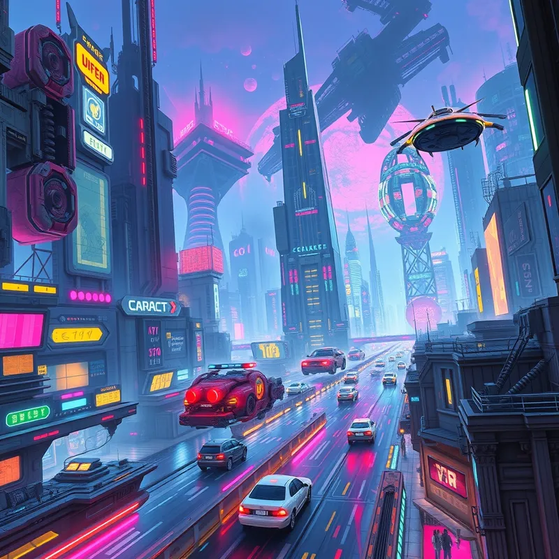 Futuristic Cyberpunk Cityscape with Flying Cars Futuristic Cyberpunk Cityscape with Flying Cars