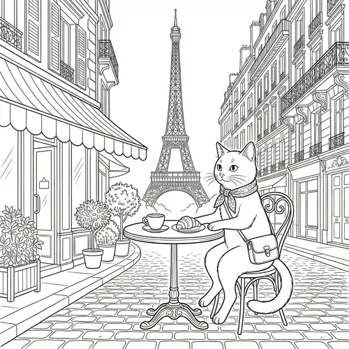 Cat in Paris Adult Coloring Book Illustration