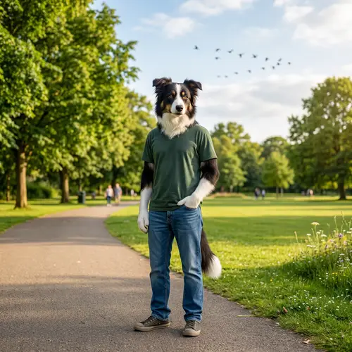 Furry Humanoid Character in Lush Park - Colorful Border Collie Inspired Design