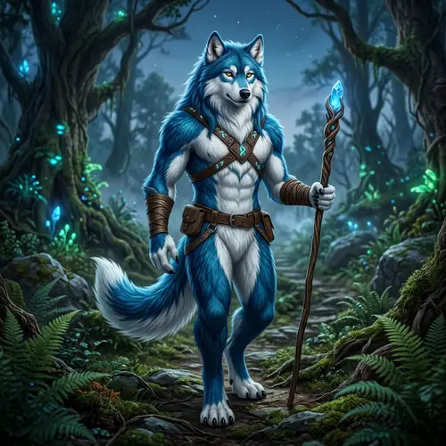 Blue and White Wolf-Like Humanoid Creature with Fur