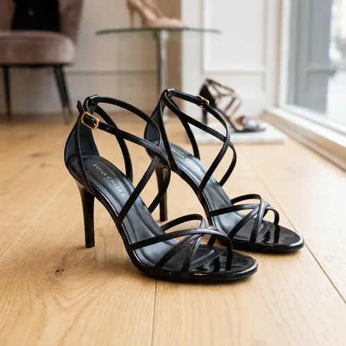 Black High-Heeled Sandals with Thin Heels & Straps