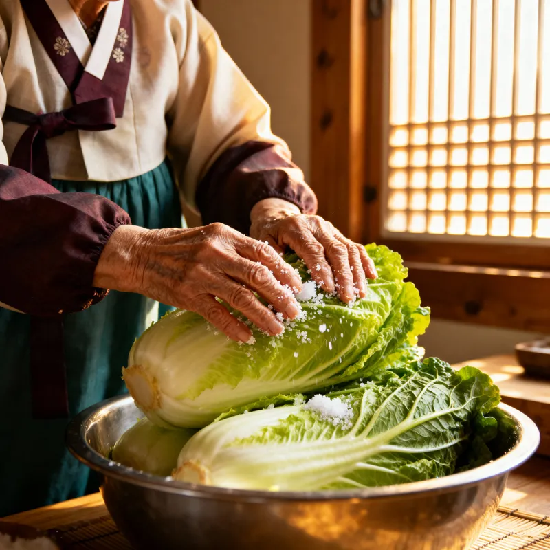 Korean Grandma Salting Napa Cabbage in Traditional Kitchen