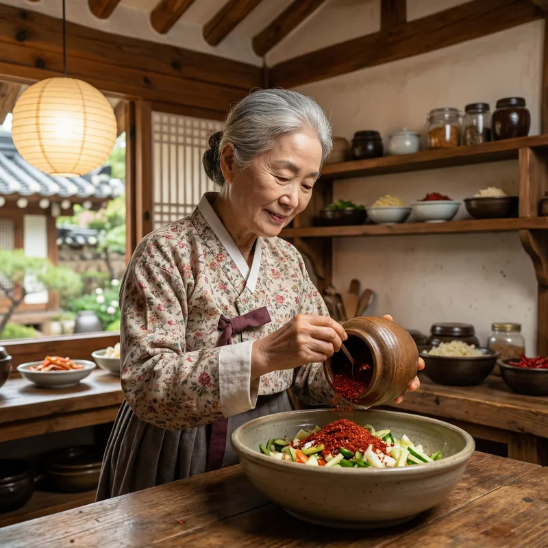 Elegant Korean Woman in Cozy Hanok Kitchen