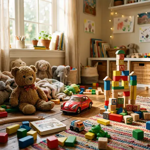 Playful Children's Toys Scene with Stuffed Animals and Wooden Blocks