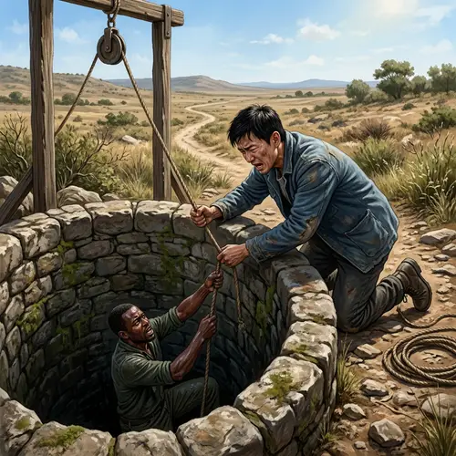 Digital Illustration of Asian Man Rescuing African Man by Old Stone Well