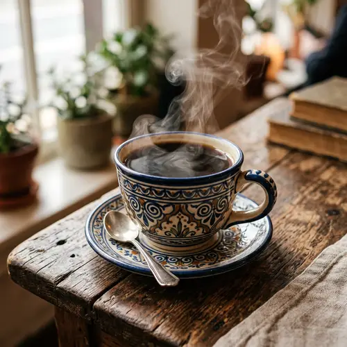 Intricate Pattern Black Coffee on Rustic Wooden Table