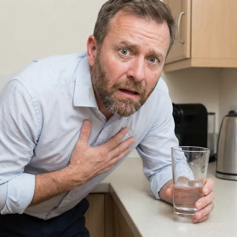 Caucasian Male Choking on Water - Recovery Moment Captured