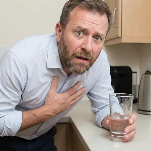 Surprised Caucasian Male Choking on Water
