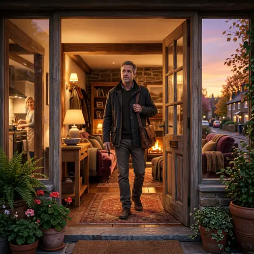 Cozy Home at Twilight: A Husband's Warm Return