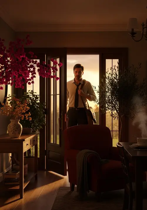 Cozy Home at Twilight: A Husband's Warm Return