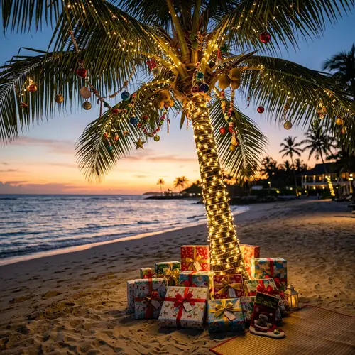 Decorated Coconut Tree with Lights and Christmas Ornaments