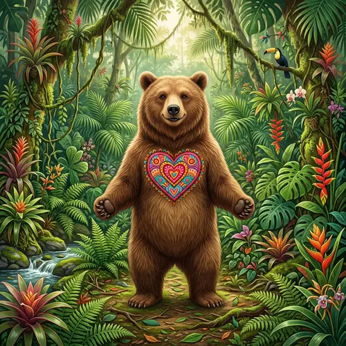Friendly Bear with Heart Symbol in Verdant Jungle | Nickname Revealed
