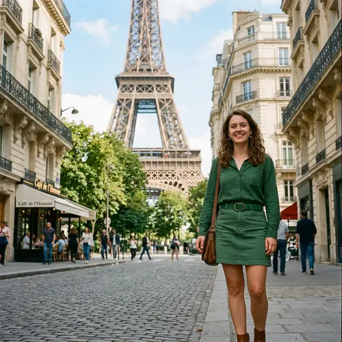Emily in Paris: Green Shirt, Skirt & Eiffel Tower View