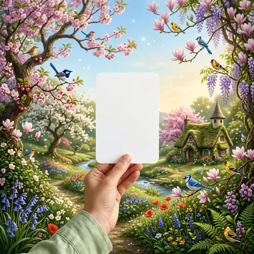 Springtime Fantasy Scene with Empty White Card