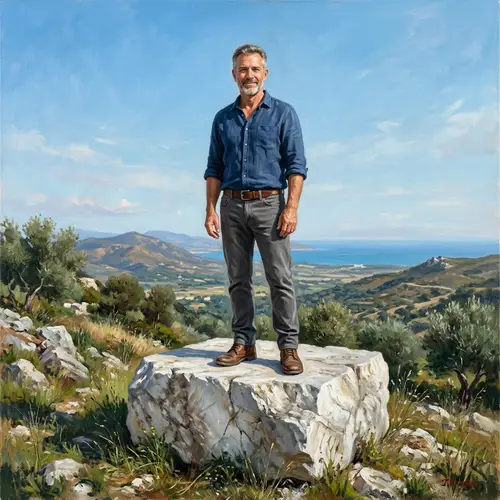 Realistic Oil Painting of Middle-Aged Caucasian Man on Marble Block