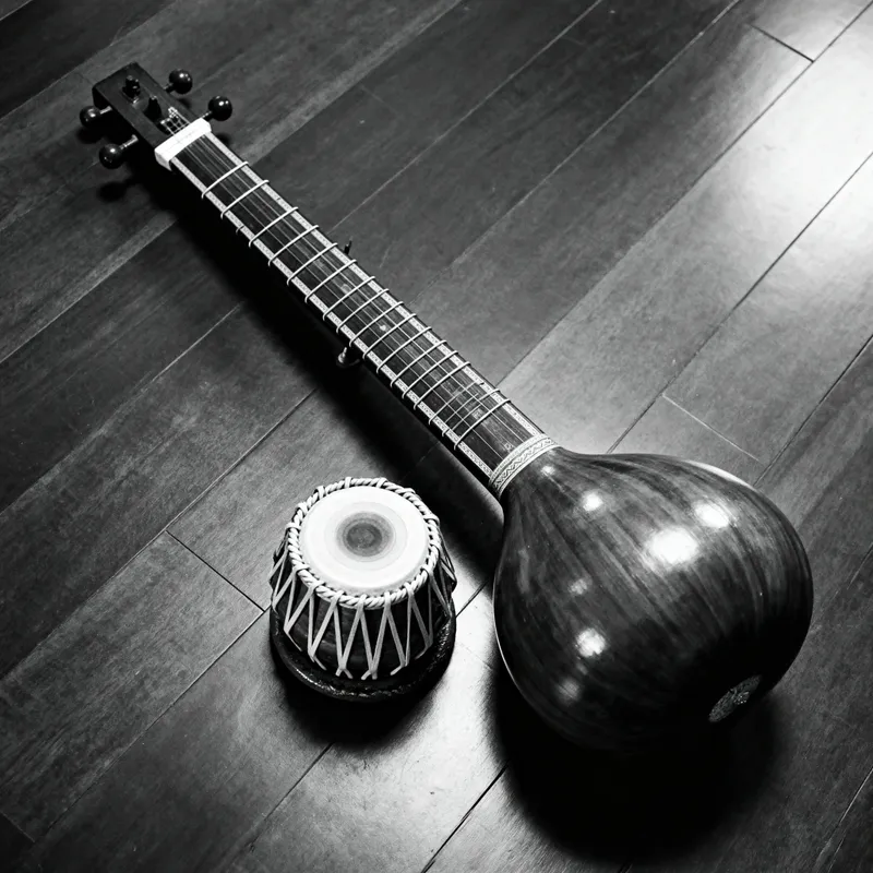 Black and White Tanpura and Tabla Set Image