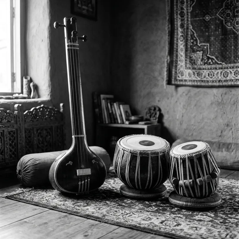 Black and White Tanpura and Tabla Set Image