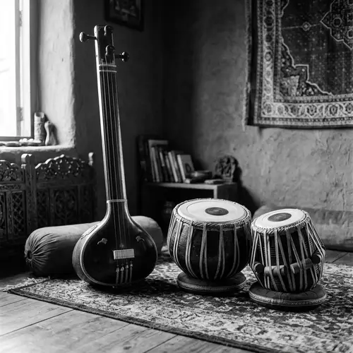 Black and White Tanpura and Tabla Set Image