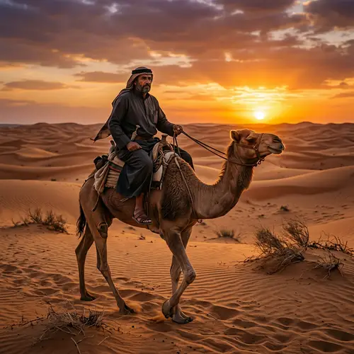 Middle-Eastern Man Riding Camel at Sunset - Desert Adventure