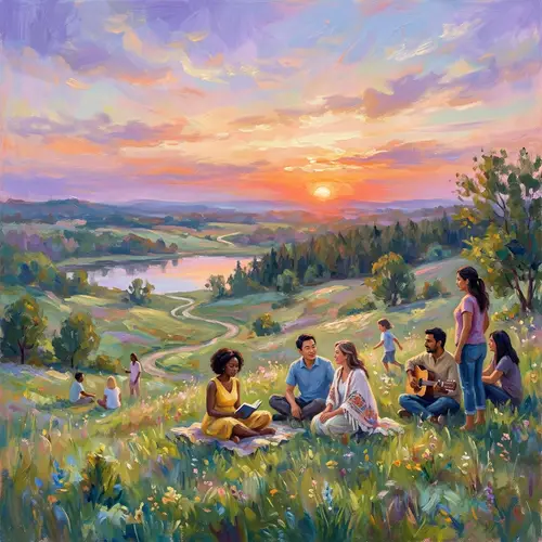 Impressionistic Oil Painting of Diverse Figures in Dreamlike Sunset Landscape