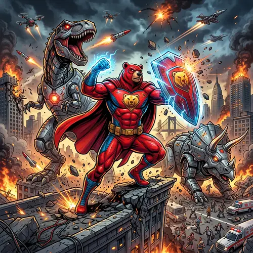 Red Bear Superhero Saves World with Robotic Dinosaurs