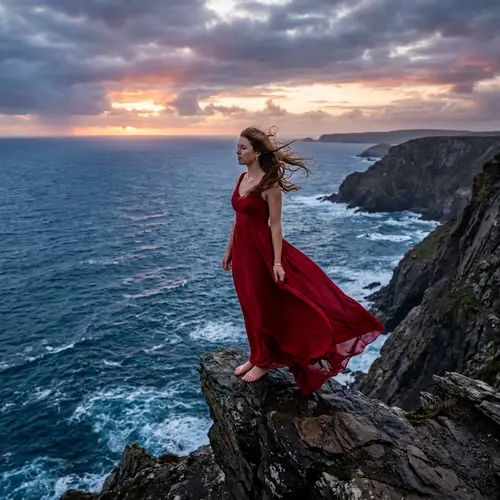Hyper-Realistic Painting of a Girl in Burning Crimson Gown on Cliff
