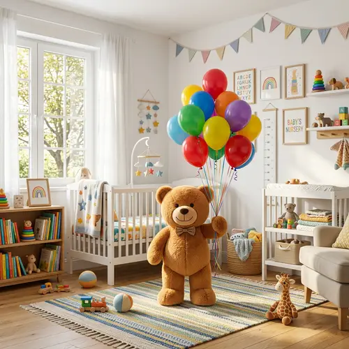 Bright and Colorful Nursery Room with Plush Teddy Bear and Vibrant Balloons