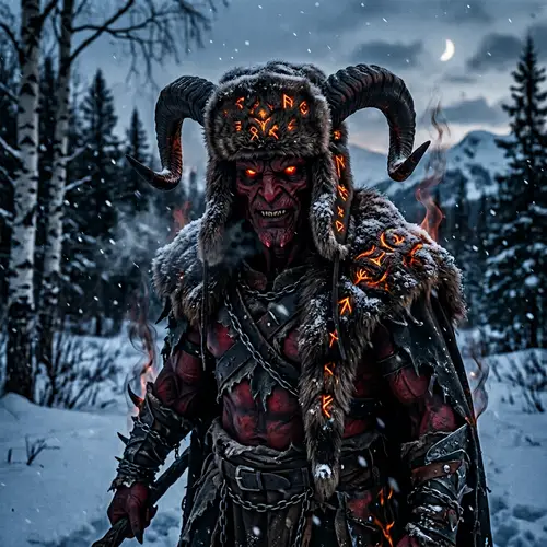 Fiery Demon Character in Russian Ushanka Hat - Otherworldly Being