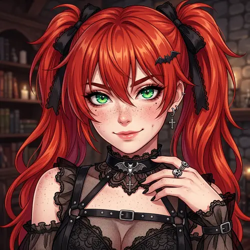 Anime-style Character with Vibrant Red Hair and Captivating Green Eyes